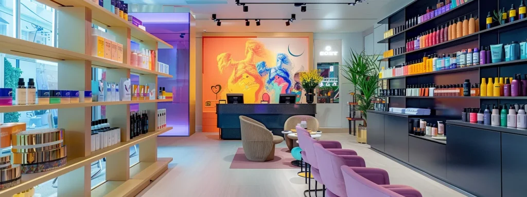 a stylish salon with a colorful array of products and a trendy logo displayed prominently, creating an inviting atmosphere for potential customers.