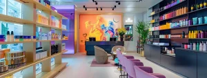 a stylish salon with a colorful array of products and a trendy logo displayed prominently, creating an inviting atmosphere for potential customers.