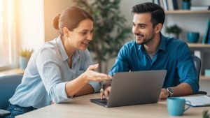 Small business owner and web developer collaborating on a website project